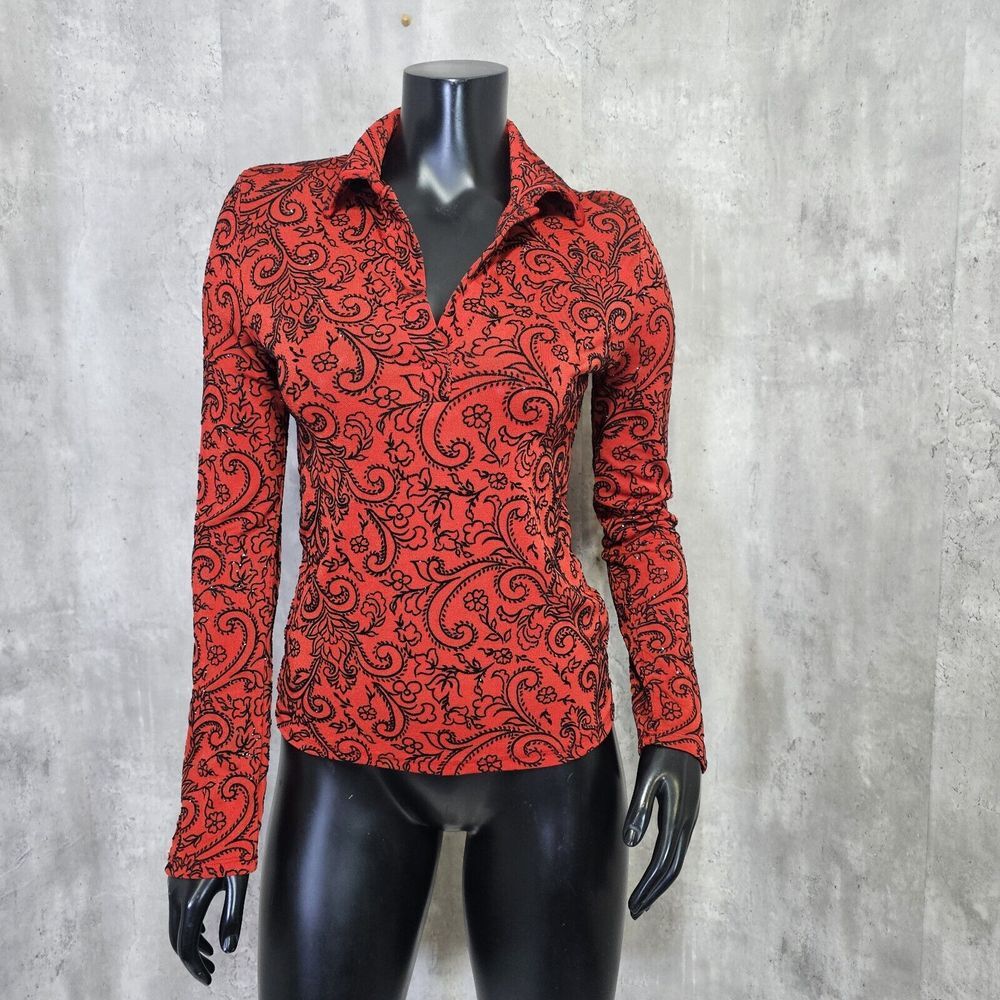 Vintage 90s Y2K Forever‎ 21 Womens M Red Black Paisley Vneck Collared L/S Top